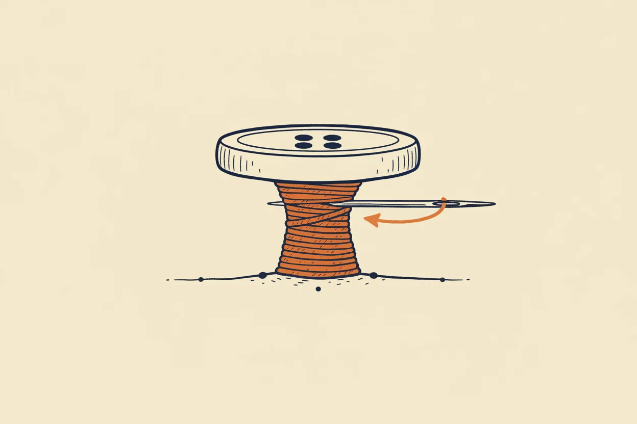 Diagram: a four-hole button standing on a thread shank — the wound stalk of thread holds the button off the cloth so the closing hangs straight.