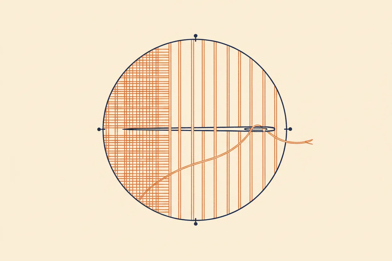 Diagram: a darning web woven over a hole — a second set of threads is woven across the first, over one strand and under the next, until they lock into a small web that fills the gap.