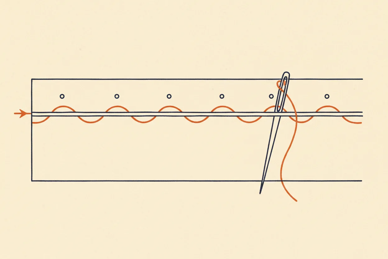 Diagram: a running stitch — the needle weaves the thread evenly over and under the fabric, laying a straight line of even stitches.