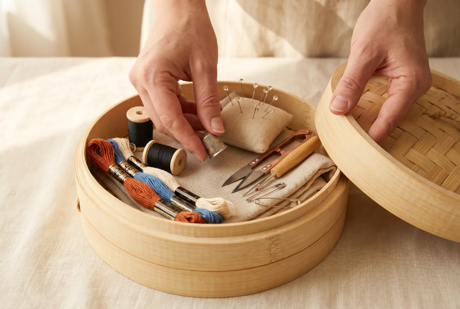 Photo: Add a thimble, a small sharp scissors, a seam ripper or blade, and pins.