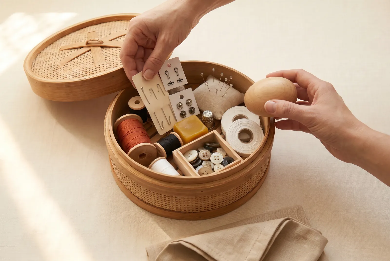 Photo: Add white tape in two or three widths, a card of hooks and eyes, a card of snaps, your button boxes, and a darning ball or egg.