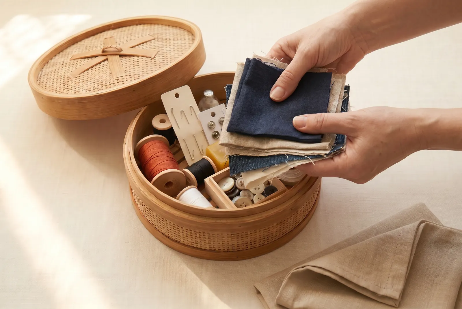 Photo: Keep a piece bag of saved cloth, sorted, within reach of the basket.