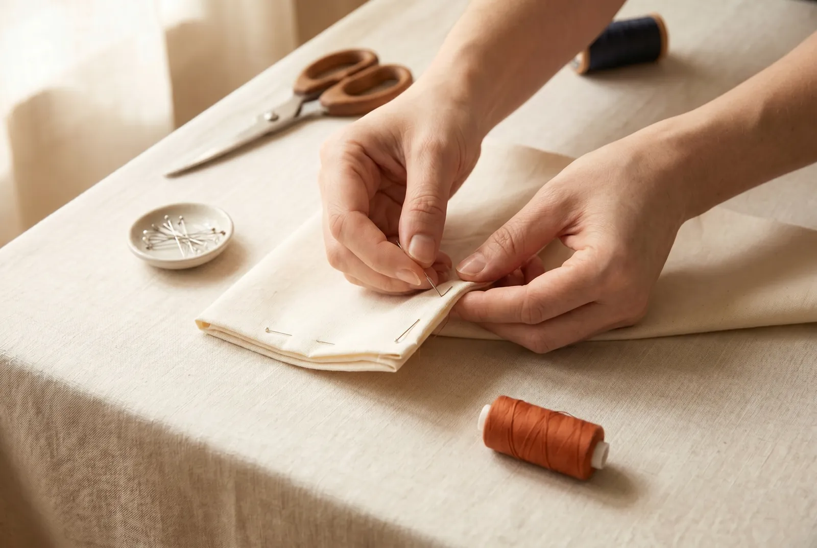 Photo: Lay the two pieces right sides together with the edges even, matching any notches or cross marks.