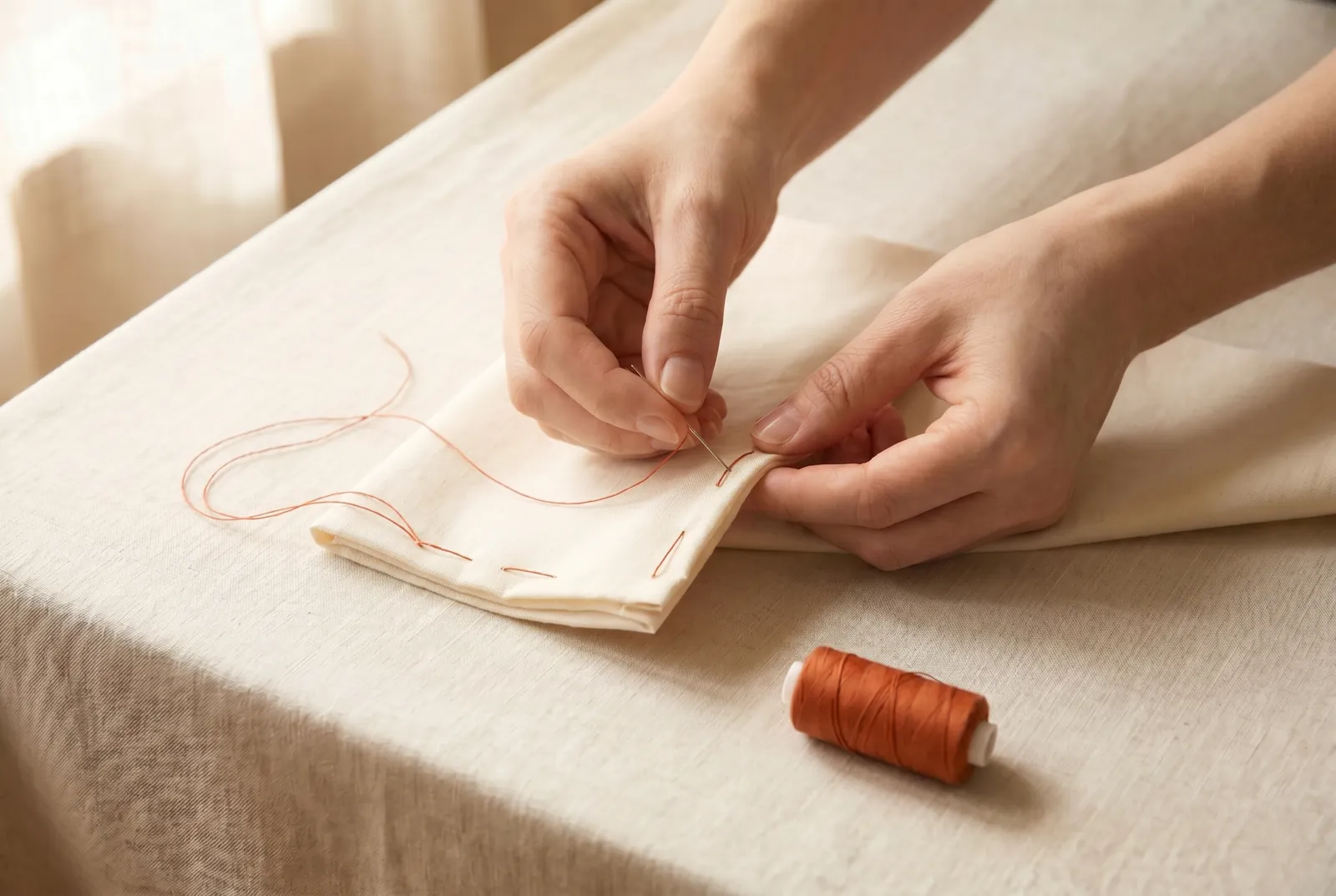 Photo: Baste a thread's width outside the seam line through both layers, then take the pins out.