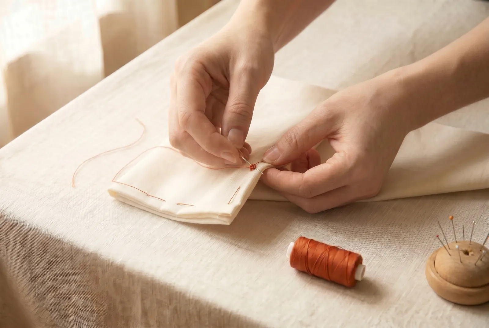 Photo: Fasten the thread off at the end of the seam so the line cannot draw back out.