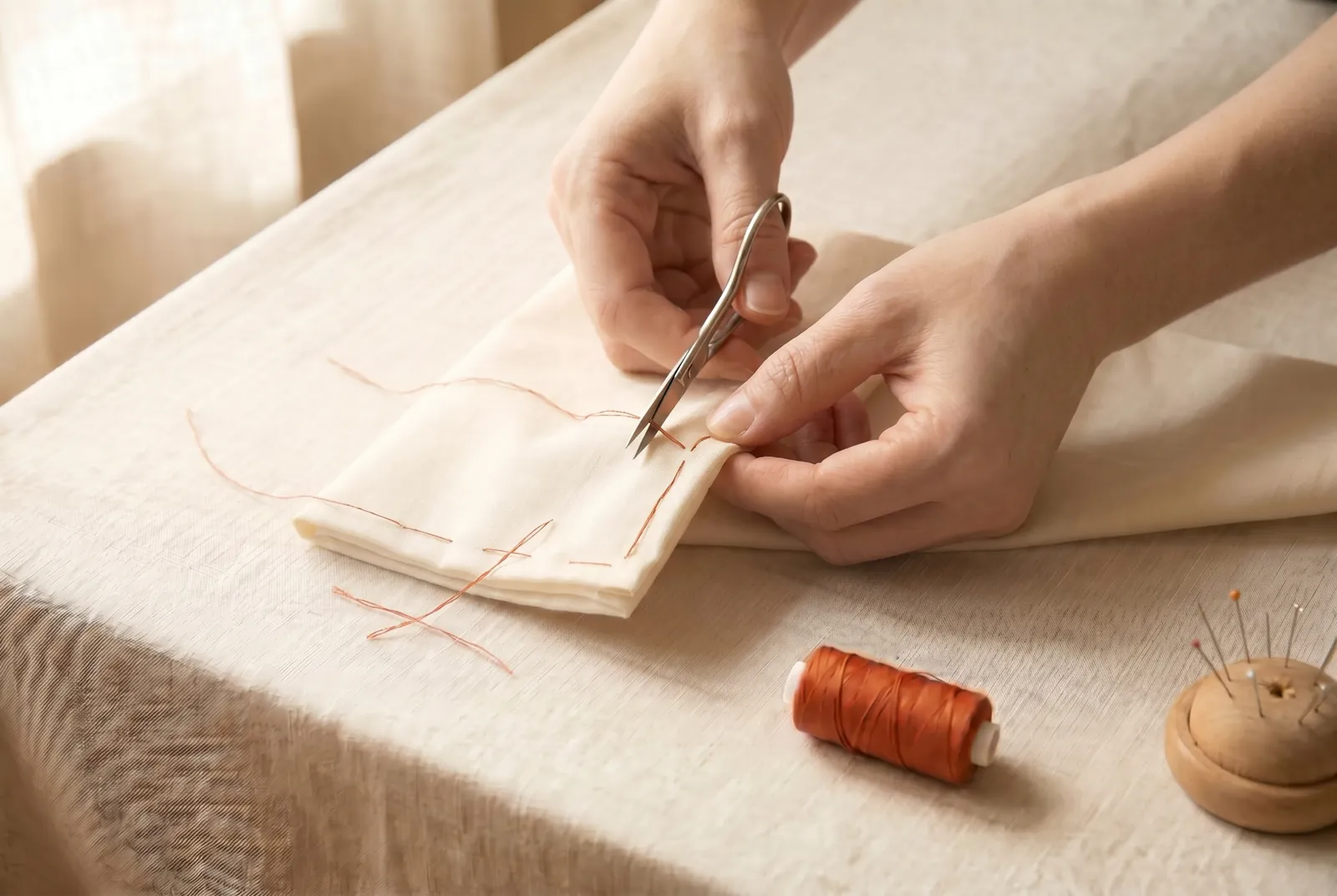 Photo: Draw the bastings out, cutting the basting thread every few inches so it slips free without dragging on the new seam.