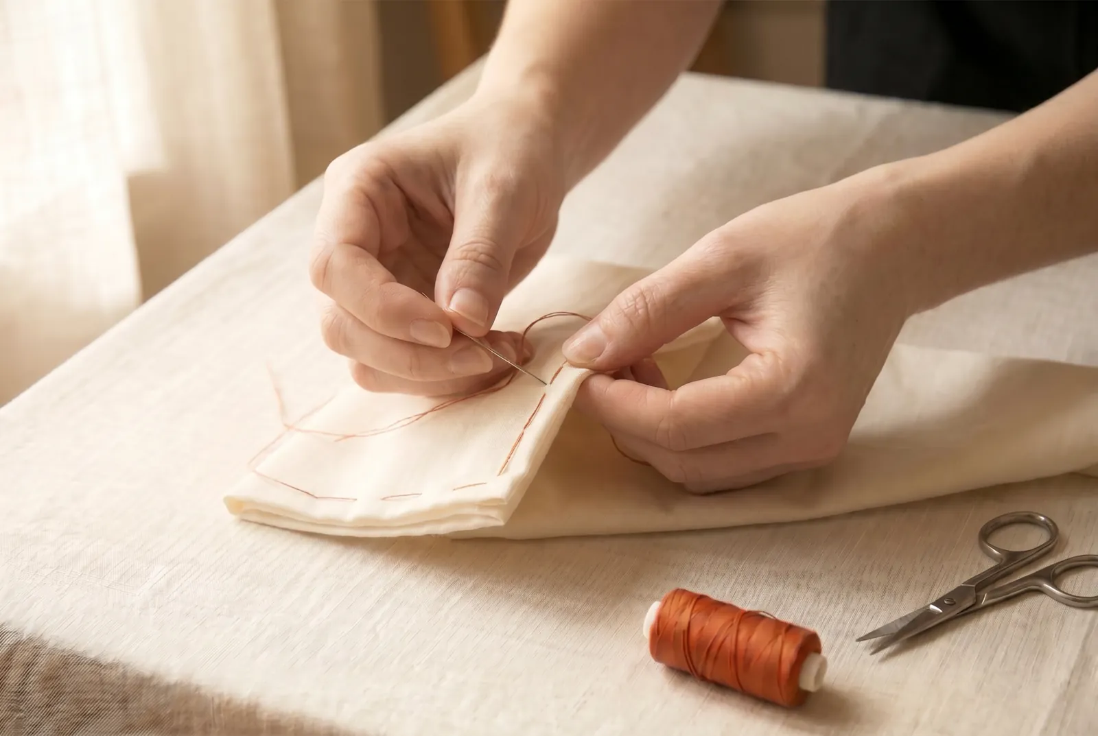 Photo: If your cloth frays, overcast each raw edge with slanting stitches about 3 mm (1/8 in) deep; firm goods that fray little can be left plain or notched.