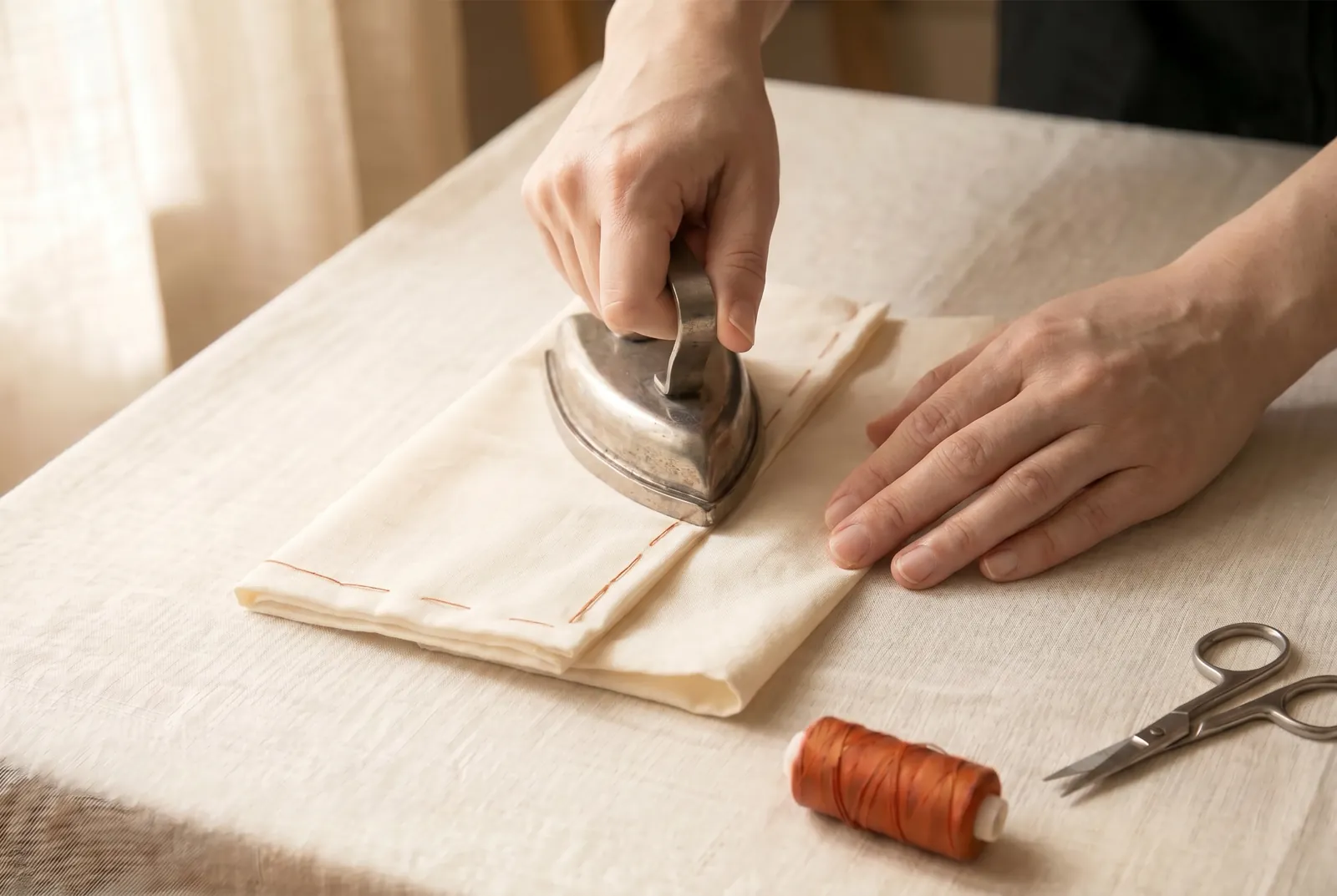 Photo: Press the seam as soon as it is sewed, laying the work wrong side up, and press it before any other seam crosses it — a seam once crossed can never afterward b…