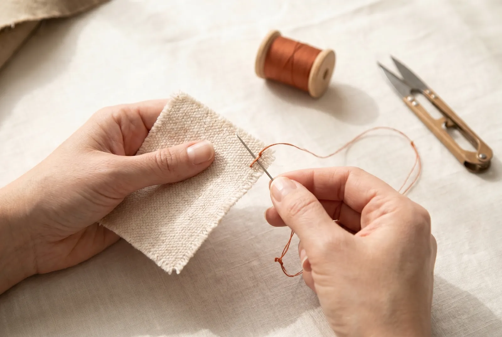 Photo: Thread the needle with about 45 cm (18 in) of thread and tie a small knot in the long end.