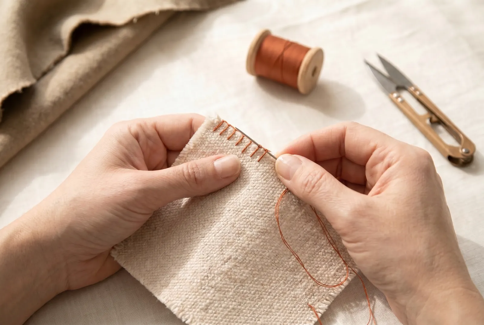 Photo: Work a row of overcasting along the raw edge: carry the thread over the edge and bring the needle down through the fabric a short way in, making a slanting sti…