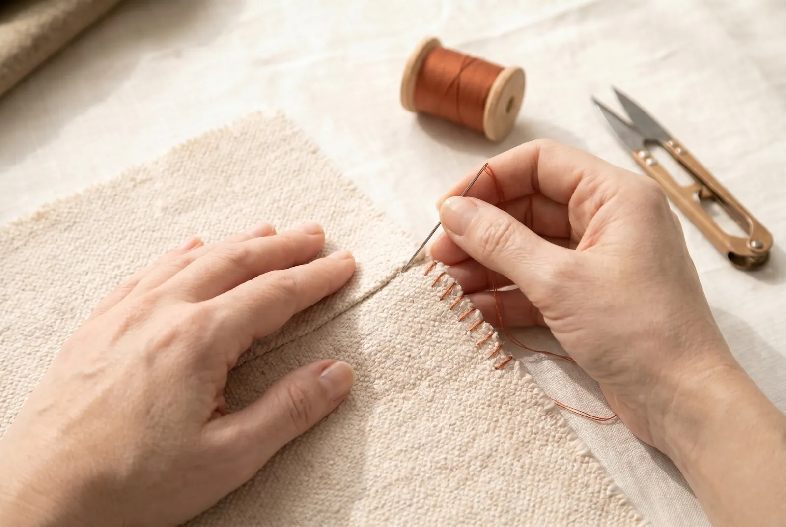 Photo: When you overcast a real seam that has been pressed open, treat the two raw edges separately, overcasting one and then the other so each lies flat on its own s…