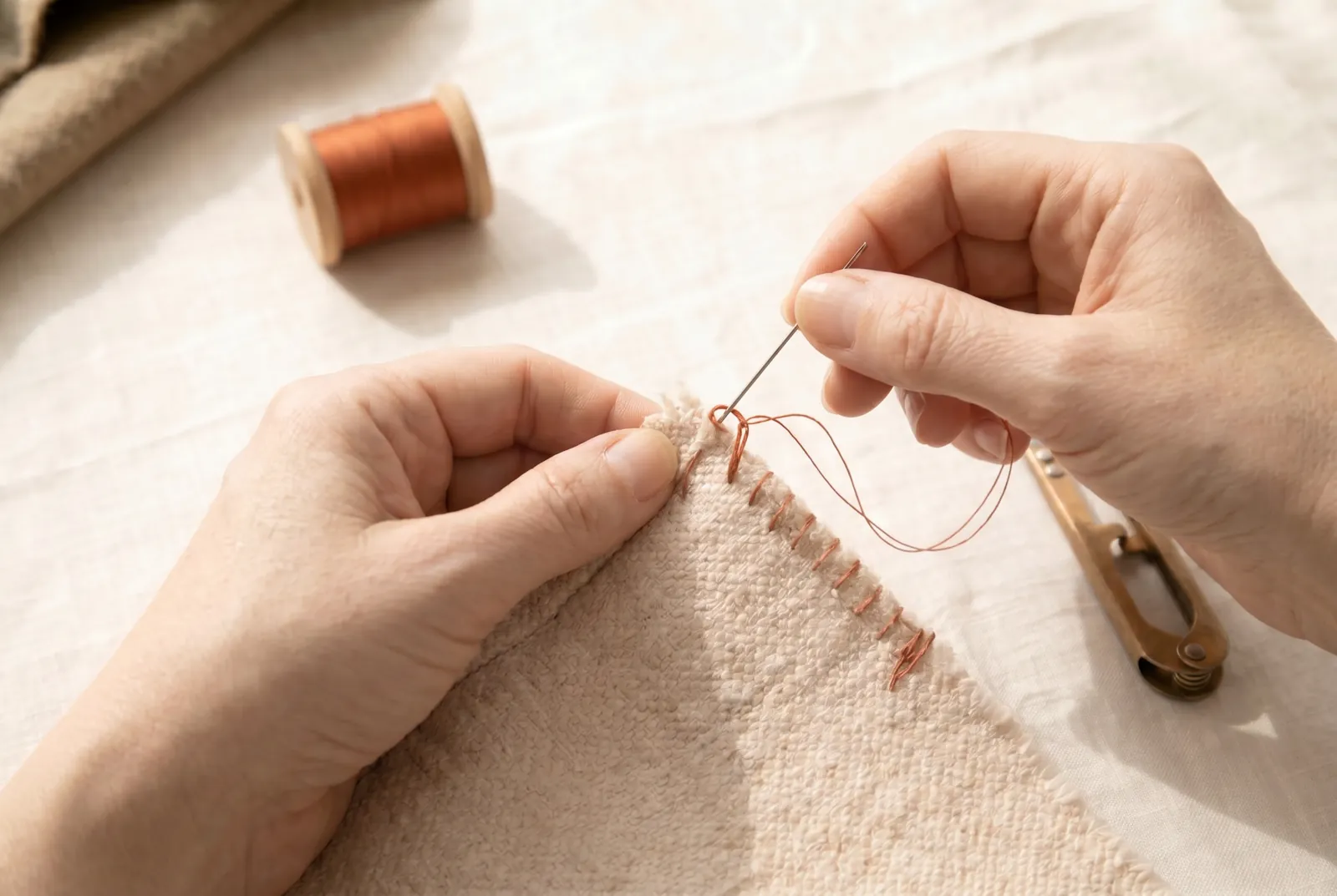 Photo: Set up the blanket stitch next: it finishes a raw or folded edge with a purled line and is used on flannel edges, blankets, and the edges of applied patches.