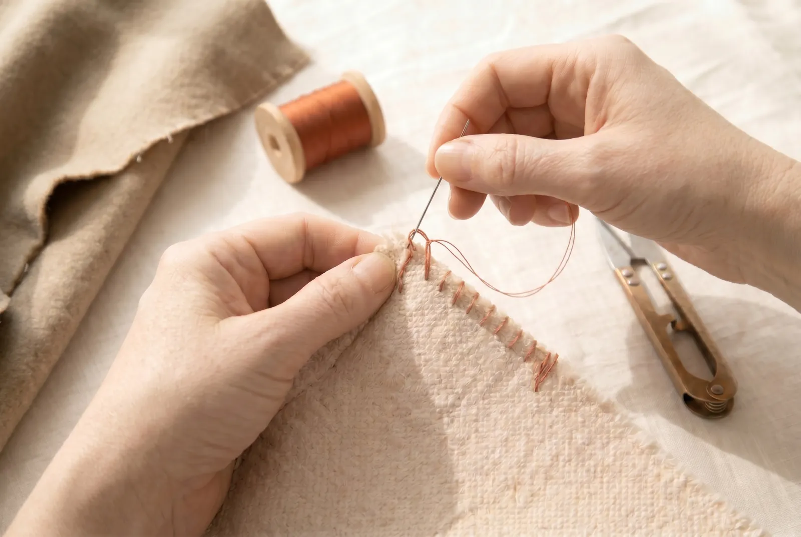 Photo: Finish the last blanket stitch, then fasten off on the wrong side with two or three small stitches over one another and trim the thread.