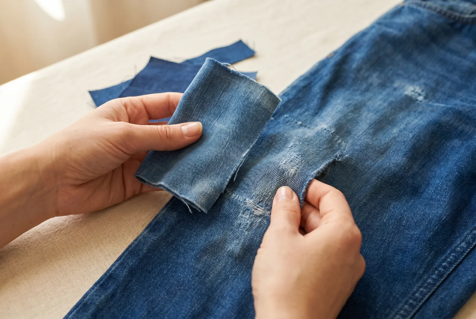 Photo: Choose a patch cut from cloth that has had the same washing as the garment you are mending — a cotton for a cotton, from a saved scrap or a pre-washed rag.