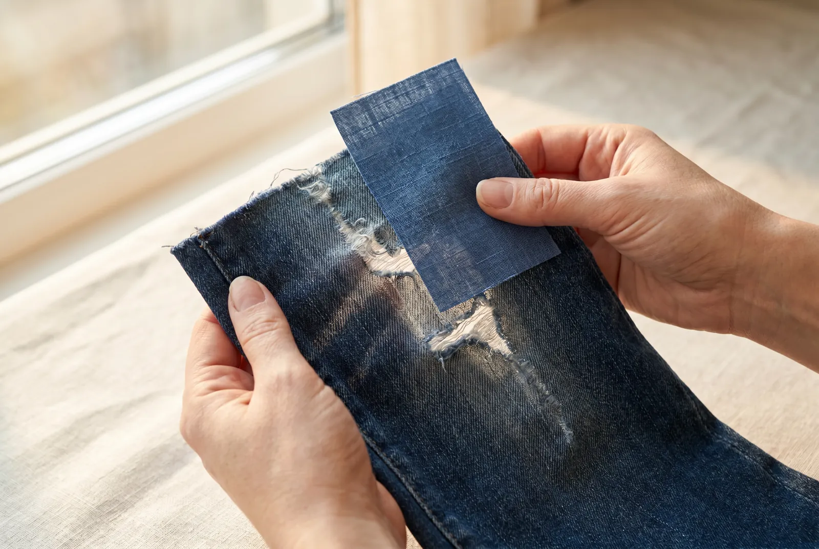 Photo: Hold the garment's worn area and the patch cloth up to a window; thin places show light.