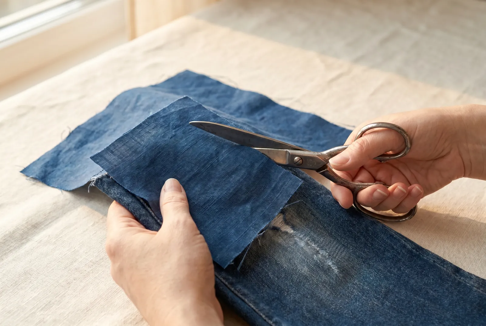 Photo: Cut the patch generously, reaching well past the worn area on every side — leave at least 2 cm (about 3/4 in) of margin all around so the outer stitching rows…