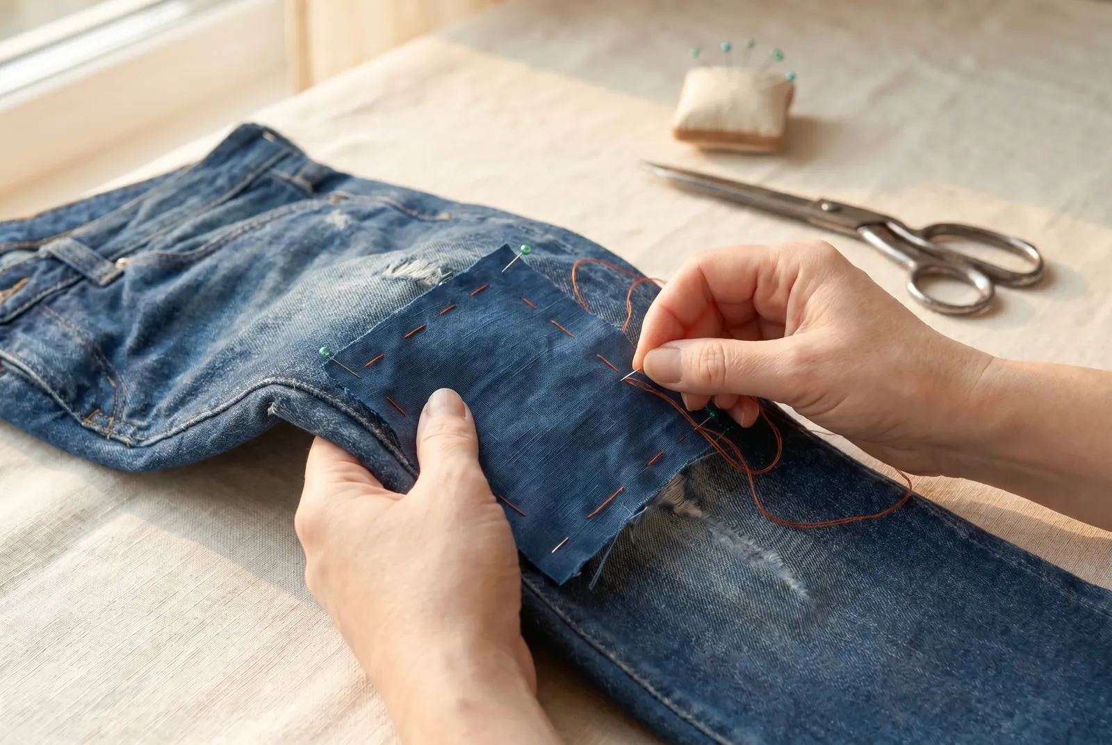 Photo: Lay the patch in position and pin it flat at the corners and once at each side.