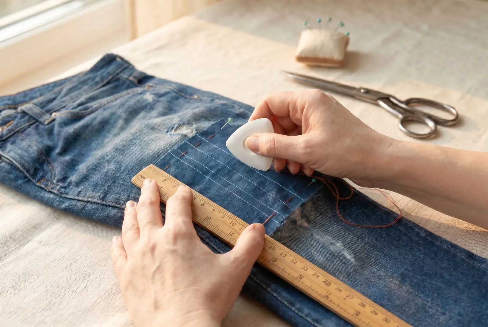 Photo: On the right side, mark the quilting lines with tailor's chalk and a ruler: straight parallel lines 6 to 10 mm (1/4 to 3/8 in) apart.