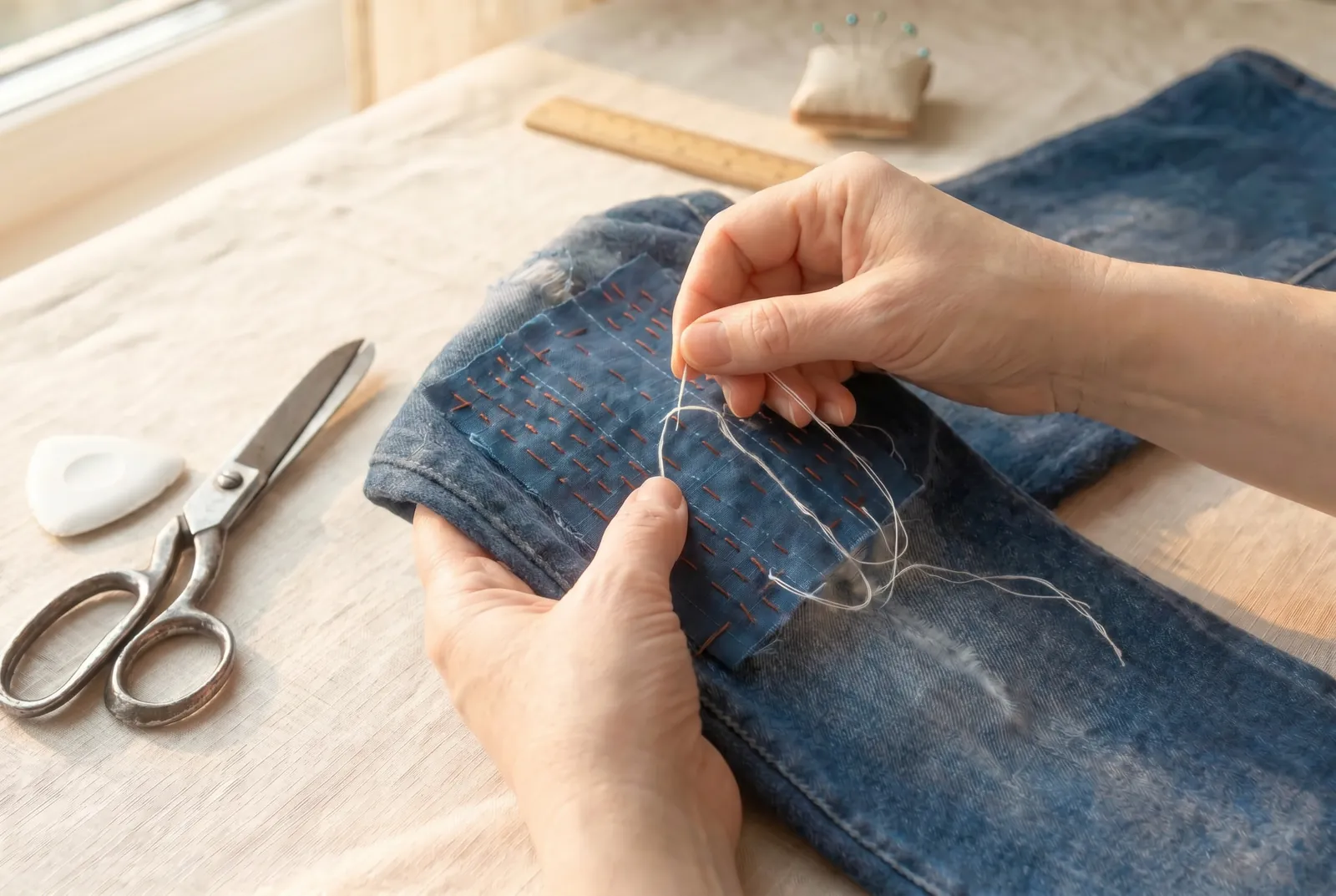 Photo: When every row is stitched and the layers hold together as one firm cloth, pull out the contrasting basting threads.