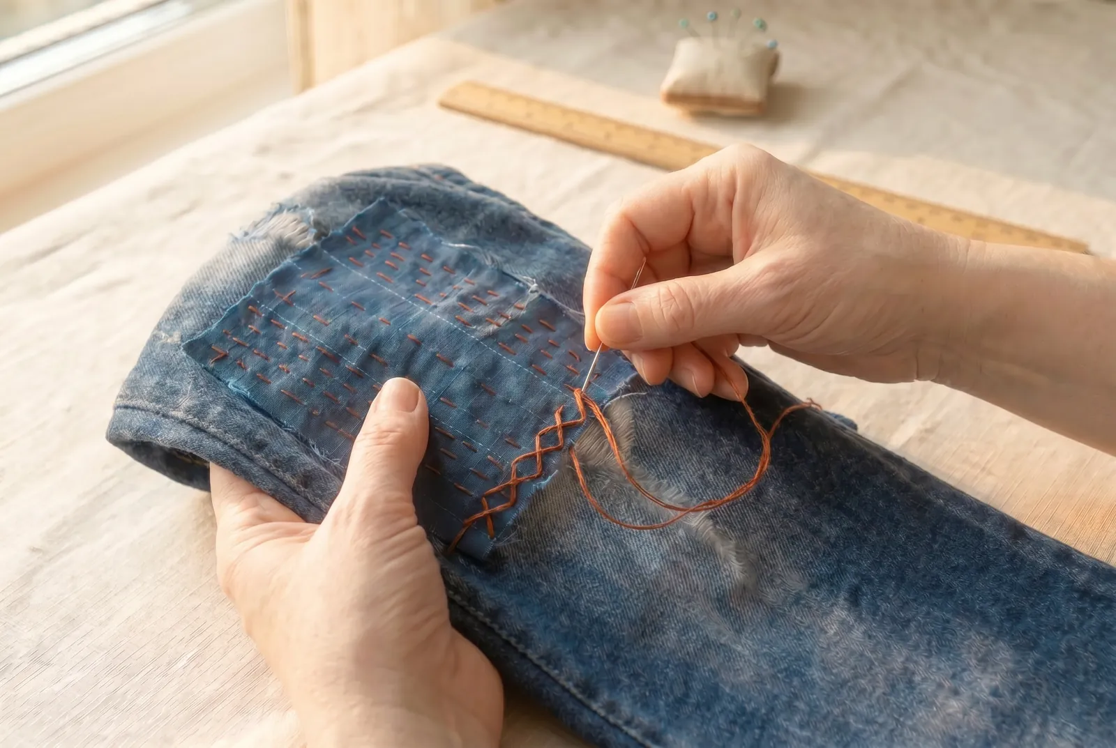 Photo: Secure any raw patch edges left flat with a catch-stitch: work a row of crossed stitches over each raw edge so the crossing threads bind it flat against the wh…