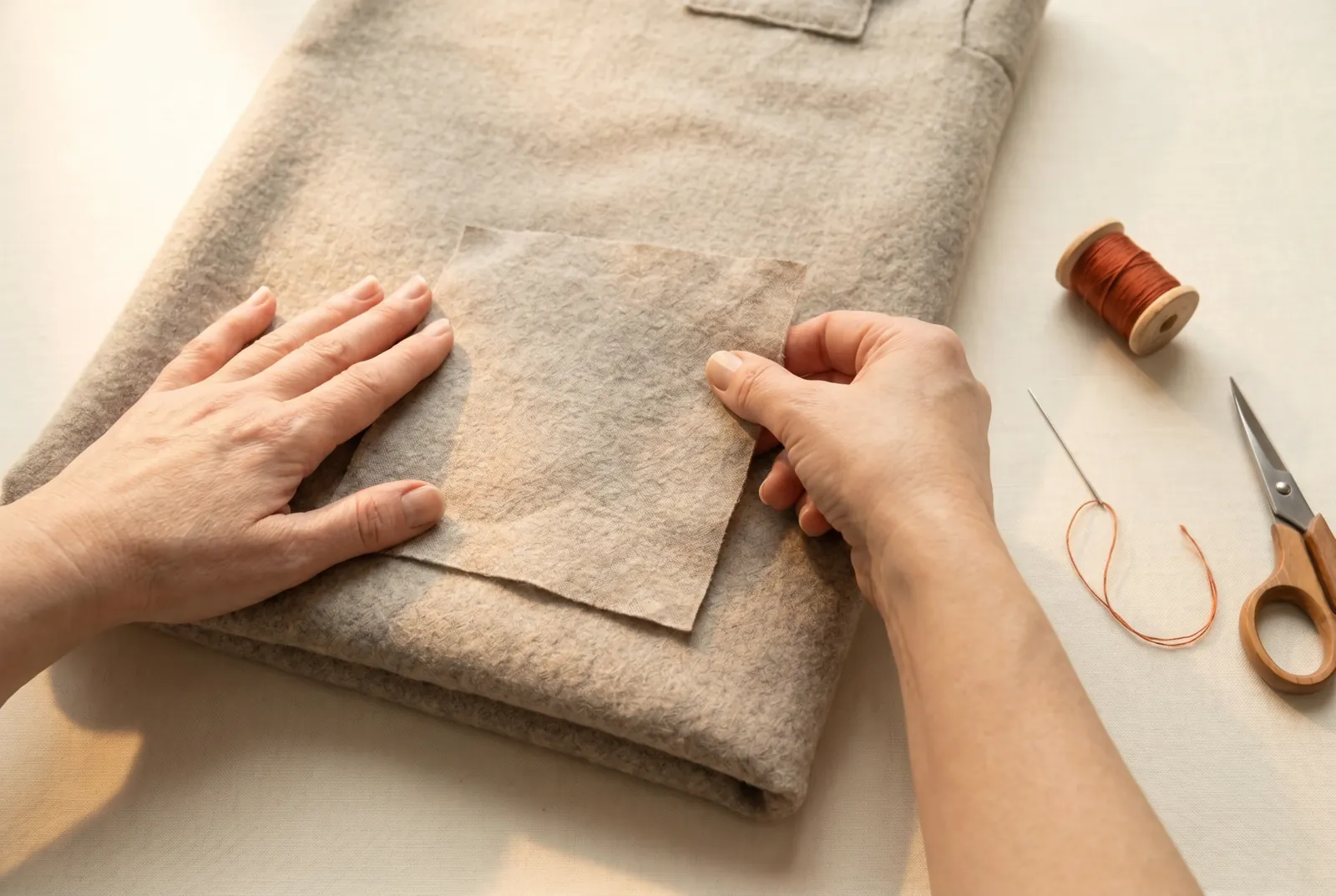 Photo: Lay the patch on the wrong side of the garment, centered over the hole or thin place.