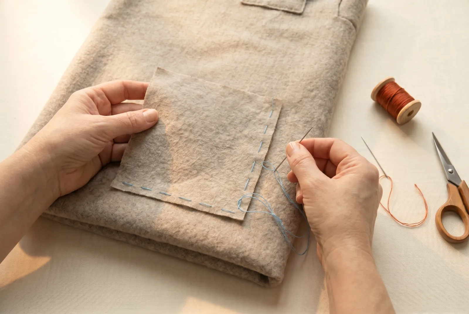 Photo: Baste the patch flat with a line of long running stitches about 1 cm (3/8 in) inside the raw edge, all around, using a contrasting basting thread you can see a…