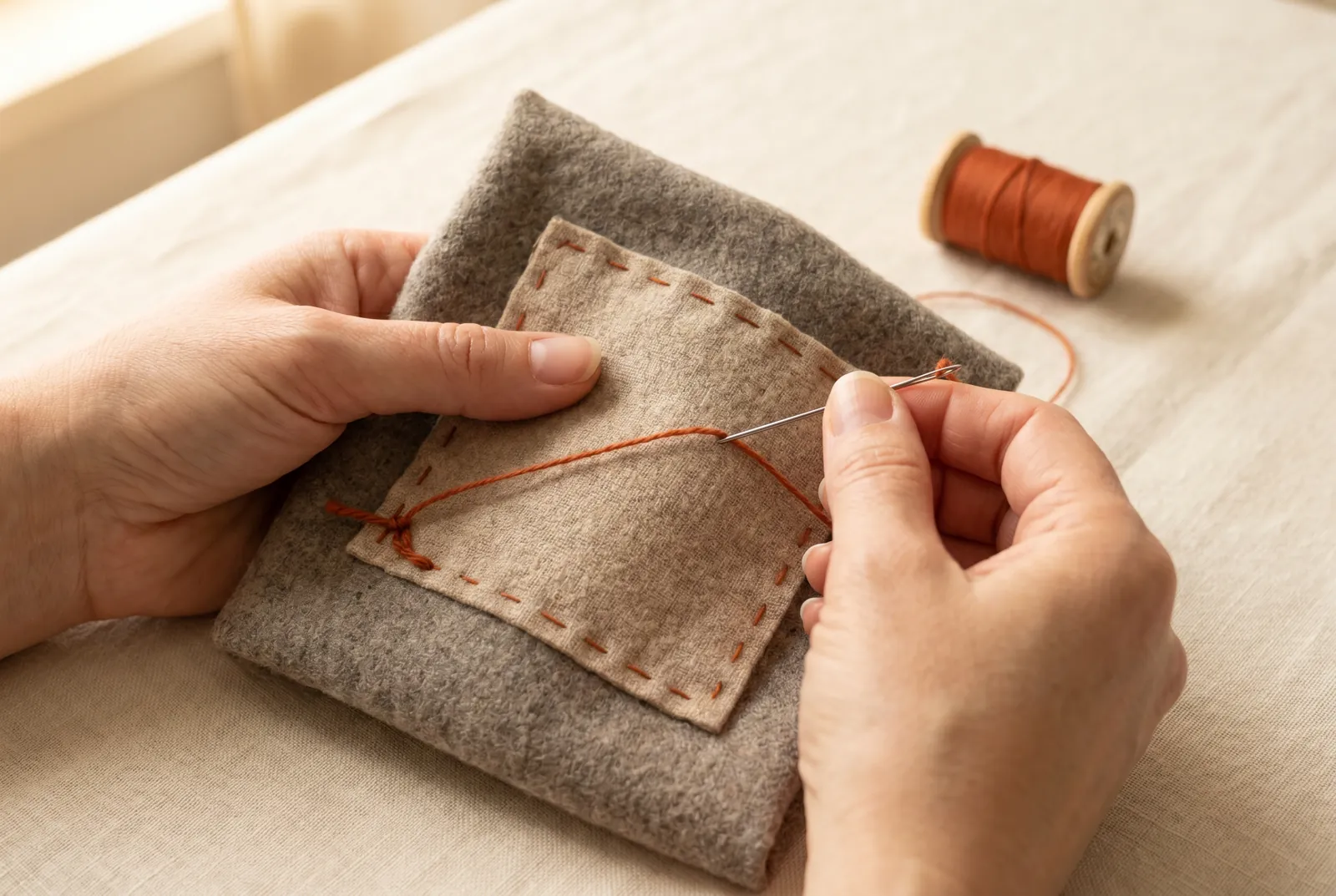 Photo: Thread the needle with wool or silk, knot the end, and lock it with one short backstitch taken into the patch at the left-hand edge.