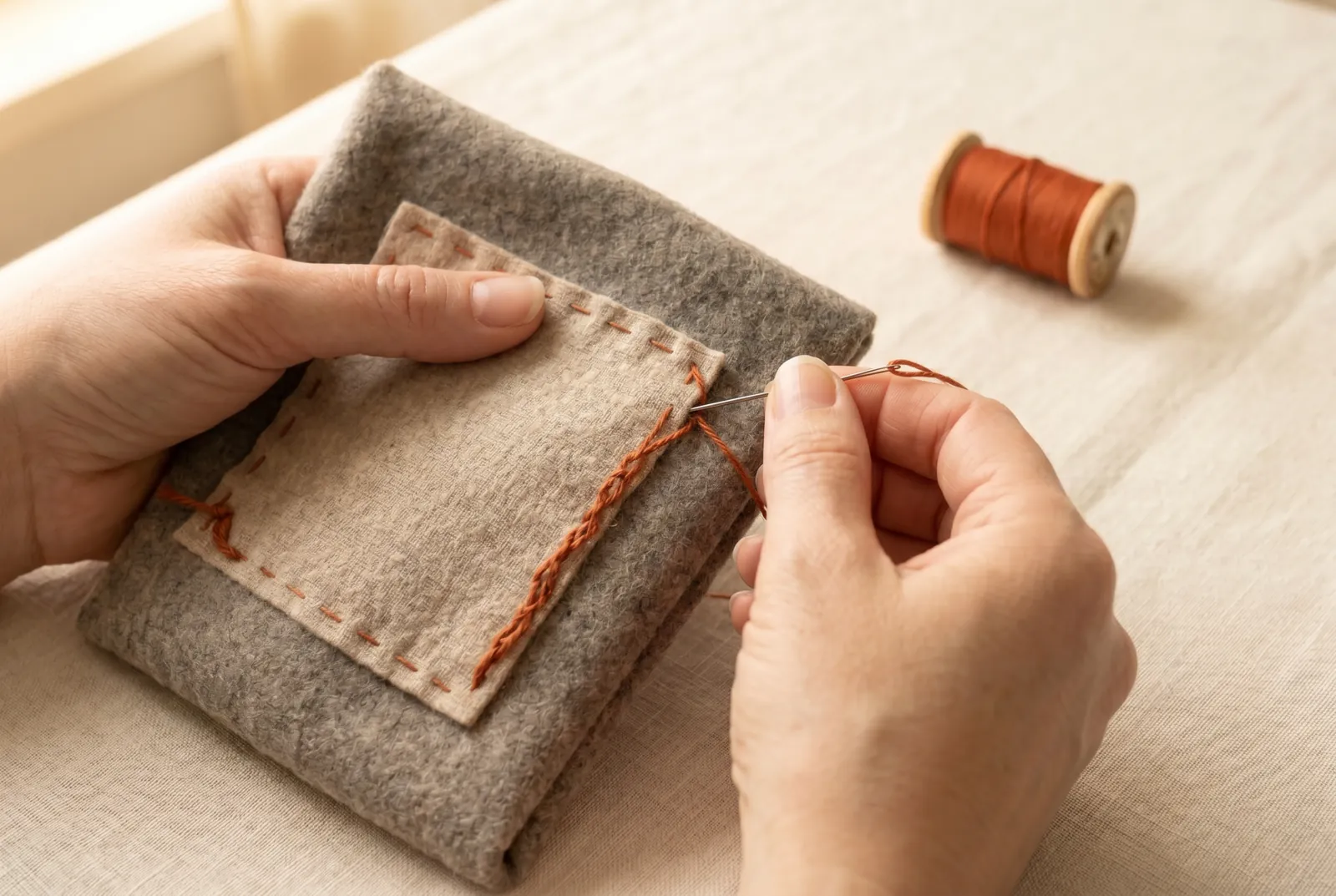 Photo: Push the needle in about 3 mm (1/8 in) beyond the raw edge, taking a bite about 3 mm (1/8 in) deep in the whole cloth; then take a matching bite in the patch b…