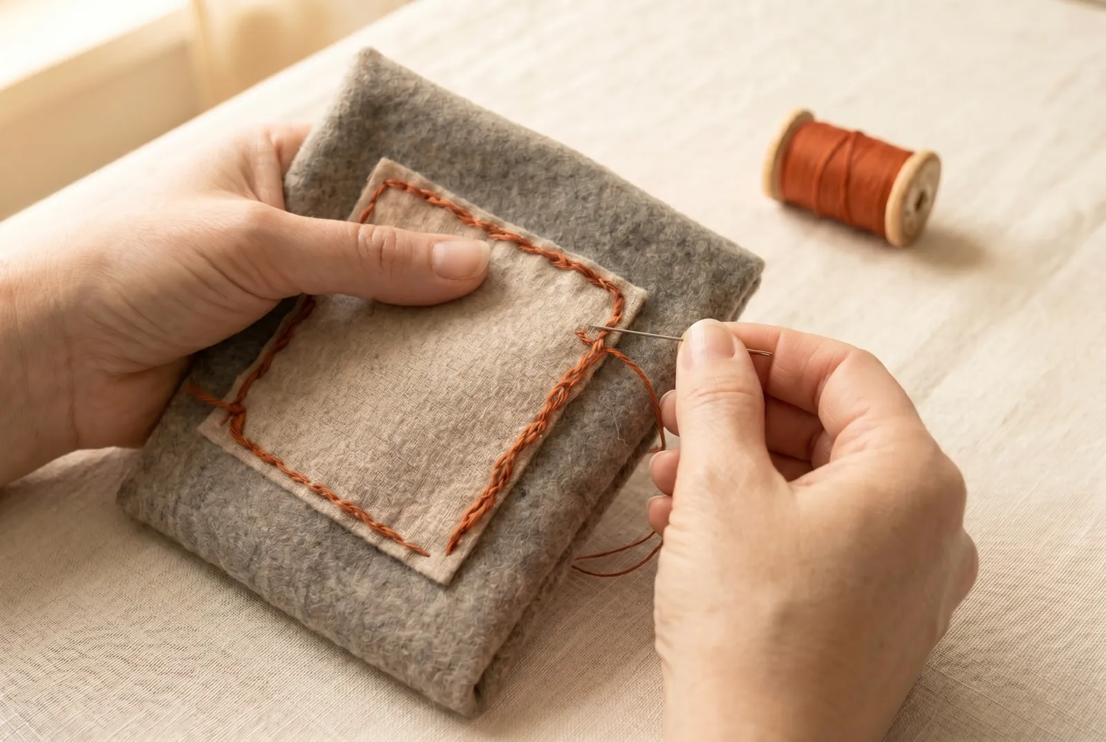 Photo: Carry the catch-stitch all the way around the patch at the same spacing, keeping the crossings even.