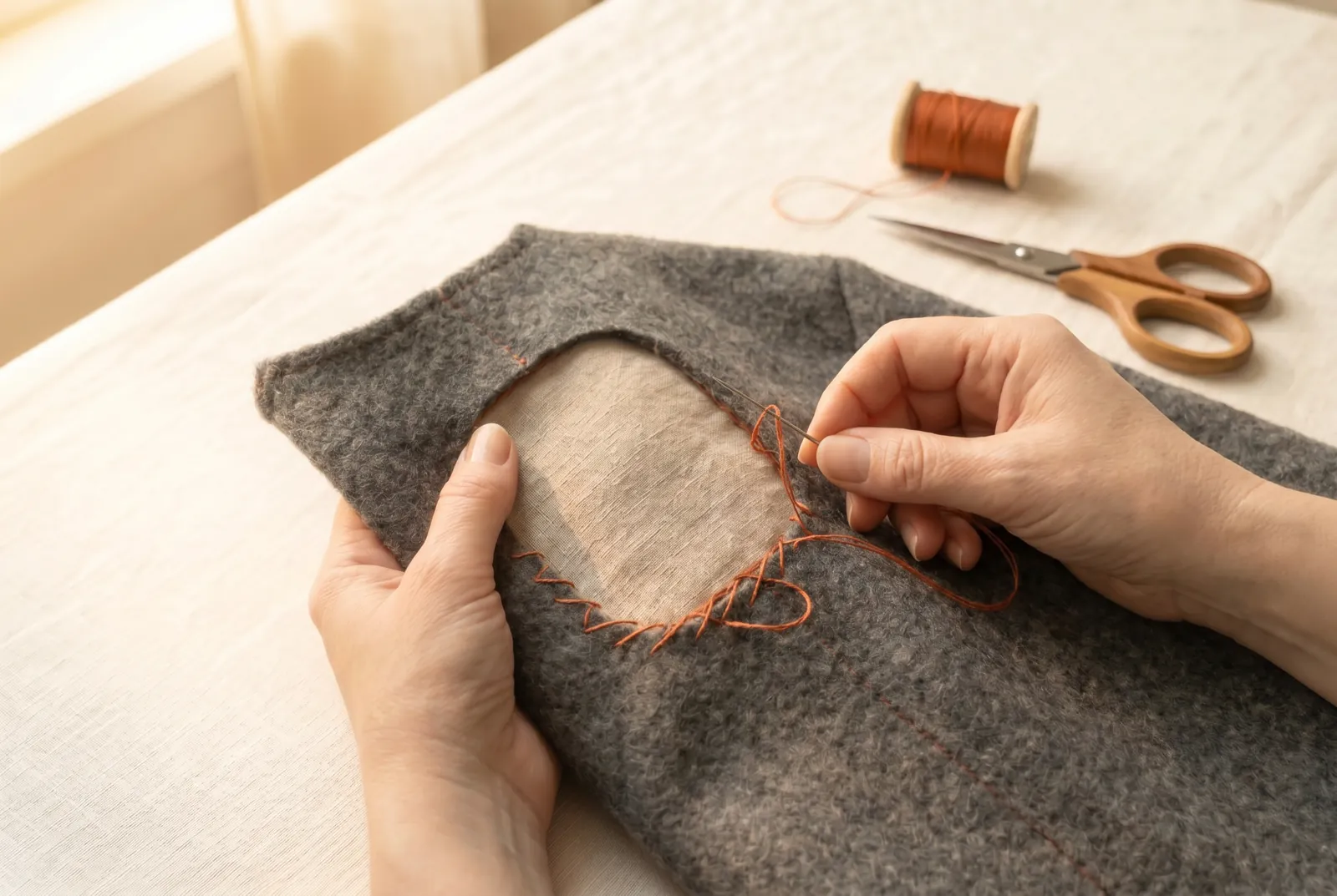 Photo: Catch-stitch this second raw edge — the cut edge of the garment — down onto the patch in the same way as before: anchor a fresh length of wool or silk with a k…