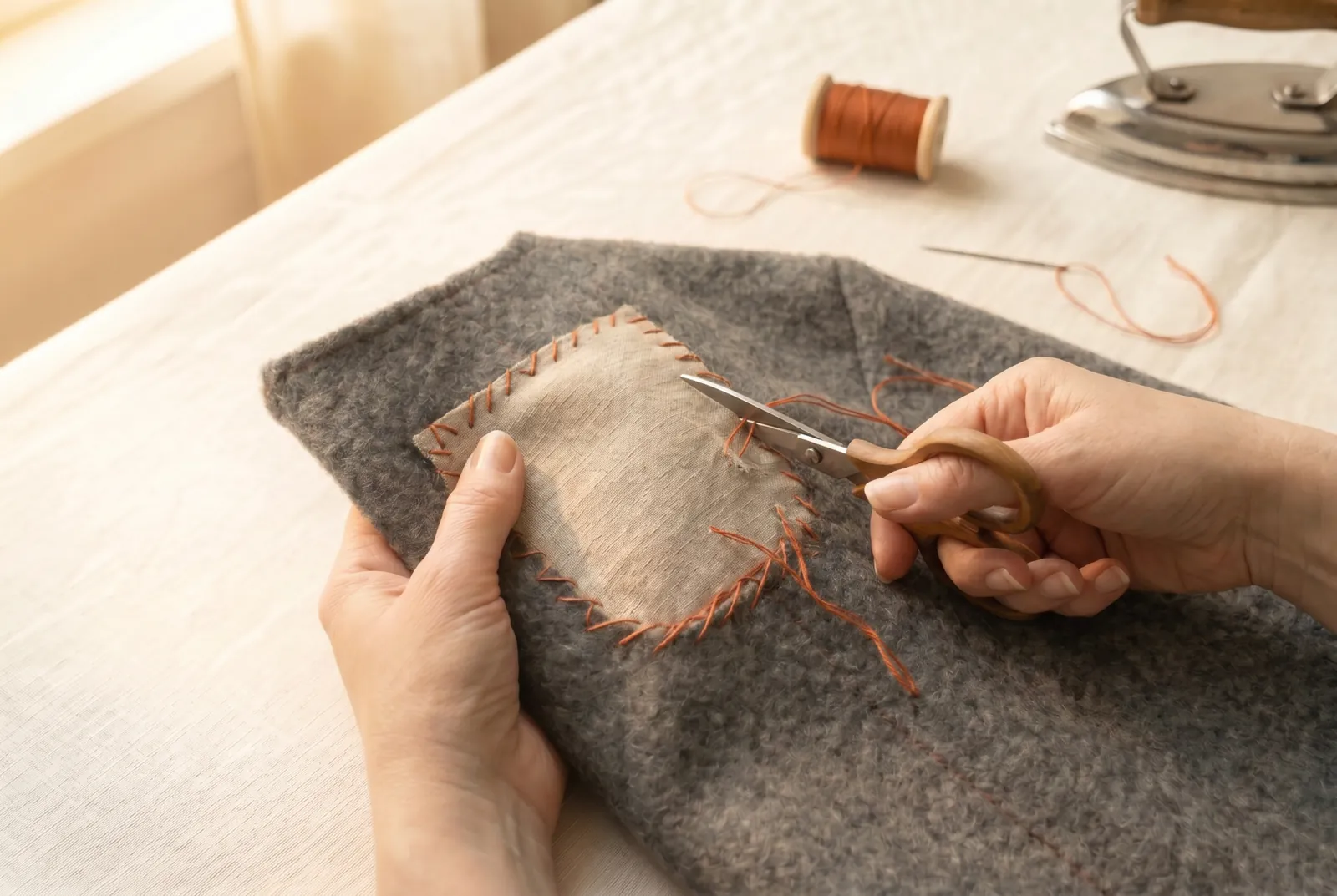 Photo: Pull out the contrasting basting threads — both edges are held by the catch-stitching itself, so the basting has done its work and should come out before the f…