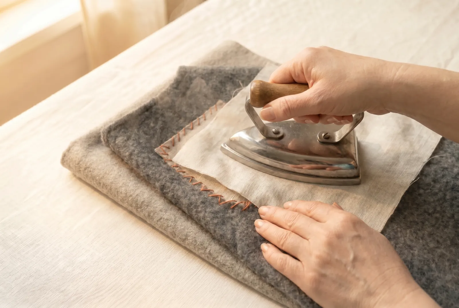 Photo: Lay the mend right-side down on the folded piece of flannel, so the crossed stitches sink into the soft bed and are not flattened.