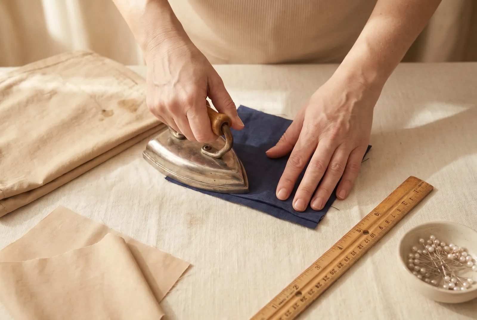 Photo: Fold one edge under 6 mm (1/4 in), fold it under the same amount again to bury the raw edge, and press the double fold flat; repeat on all four edges.