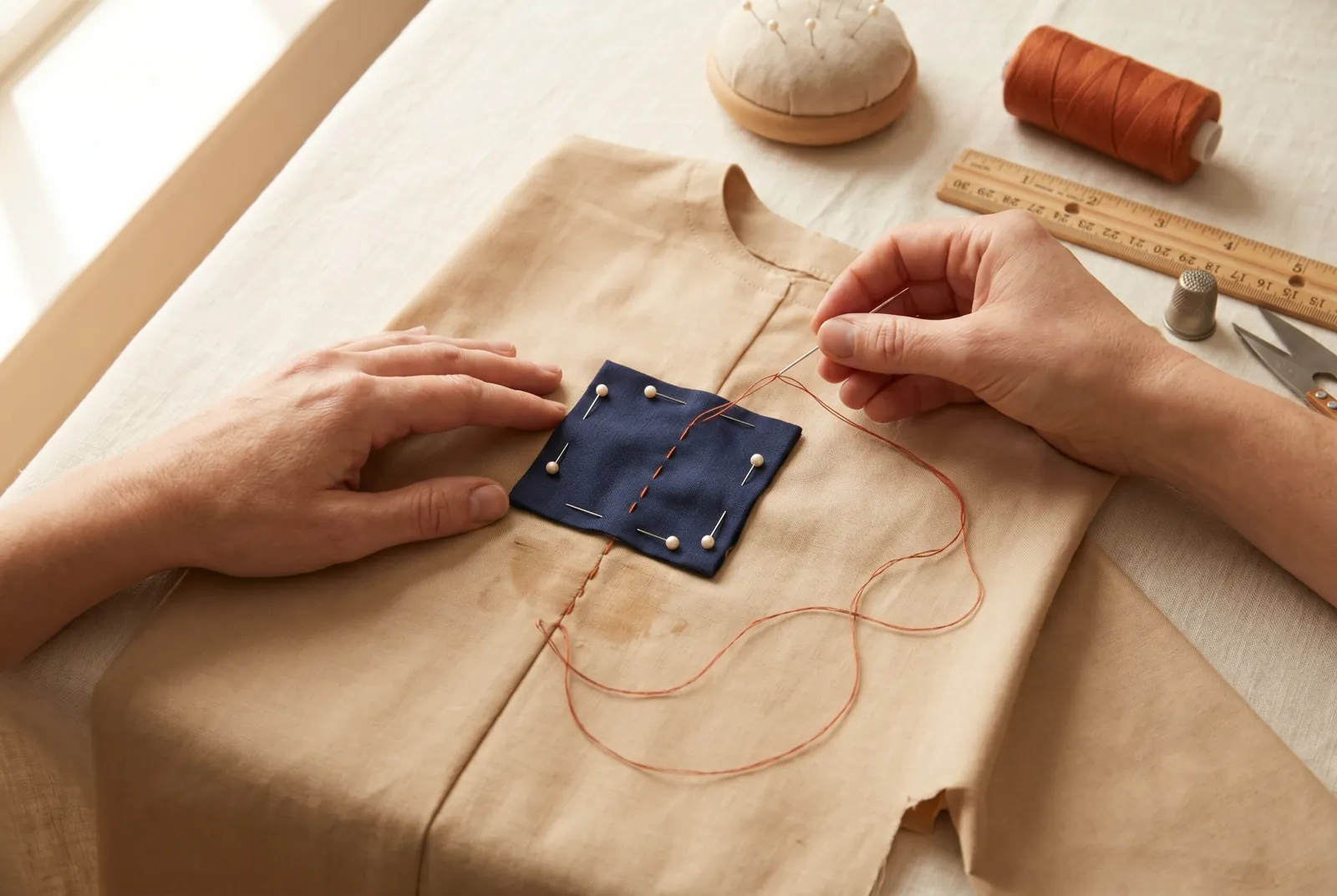 Photo: Center the folded patch over the stain, folded edges down, and pin it around all four sides.