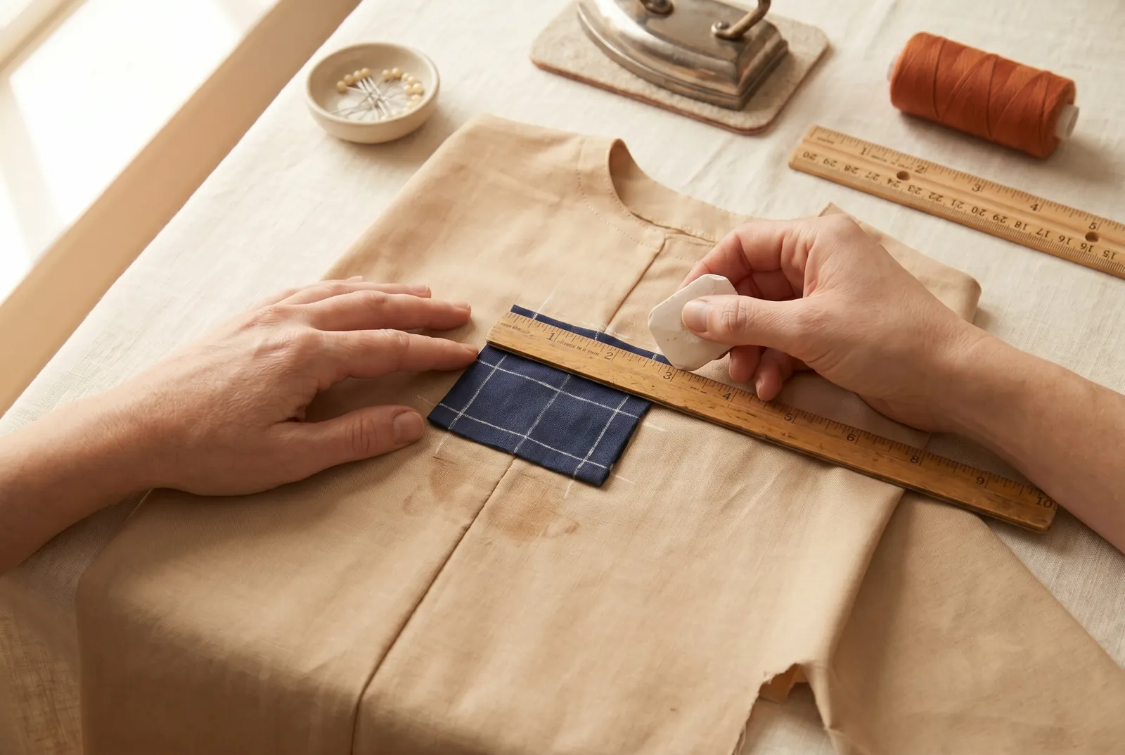 Photo: On the right side of the patch, mark straight stitching lines with chalk and a ruler, 6 to 10 mm (1/4 to 3/8 in) apart, and carry each line 1 cm (3/8 in) past…