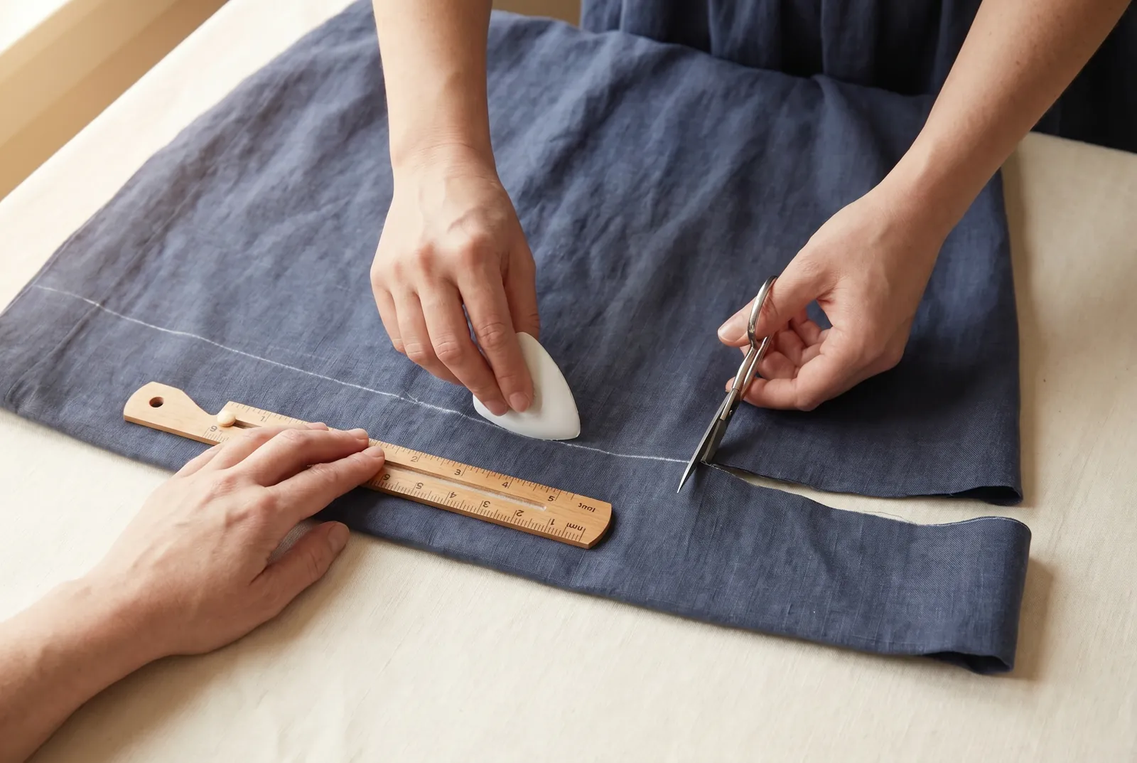 Photo: Take the dress off and lay it flat on a table, smoothing out wrinkles.
