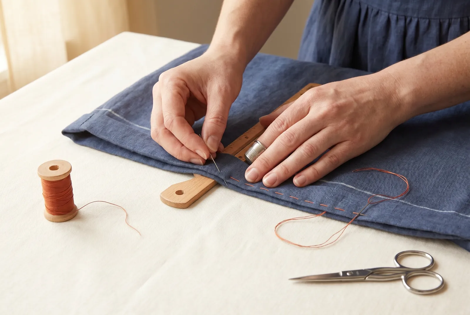 Photo: Turn the folded edge up again along the marked line, so the crease of this second fold sits exactly on the line: the hem is now a full 5 cm (2 in) deep, and th…