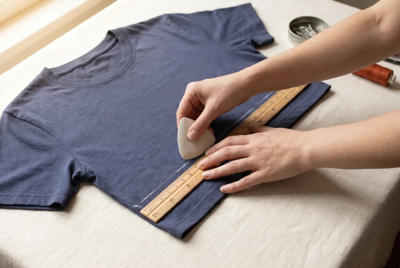 Photo: Put the shirt on in front of a mirror and mark where you want the new bottom edge to fall, drawing a line of chalk at that height.