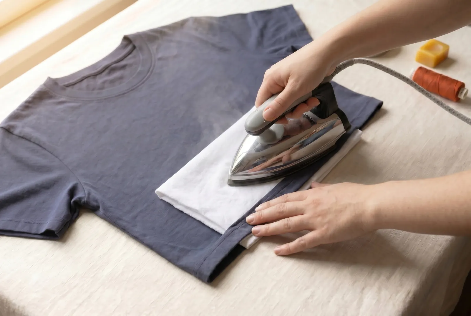 Photo: Turn the folded edge under another 6 mm (1/4 in) and press again.