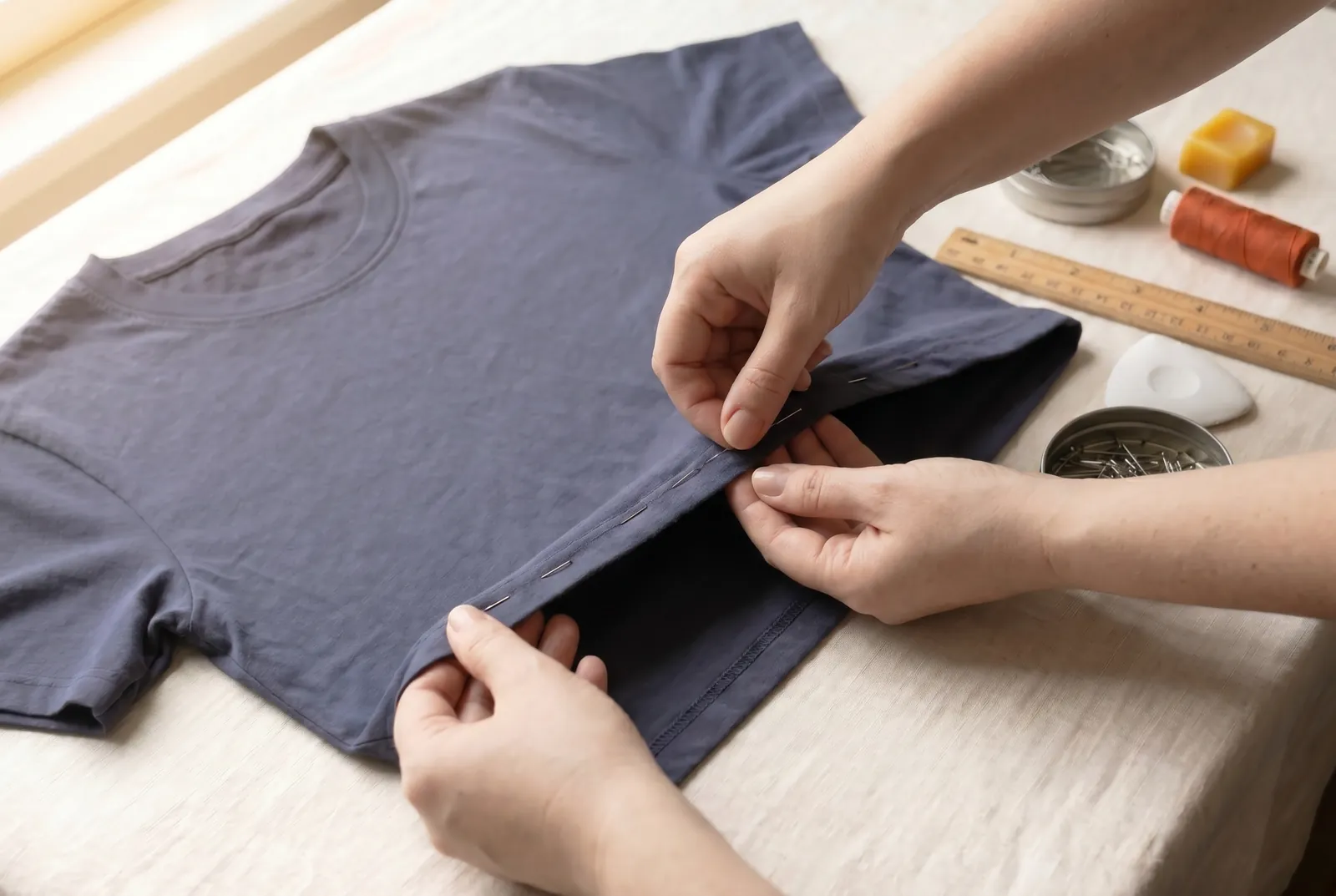 Photo: Pin the doubled hem in place around the whole edge, setting the pins across the fold so they are easy to pull out later.