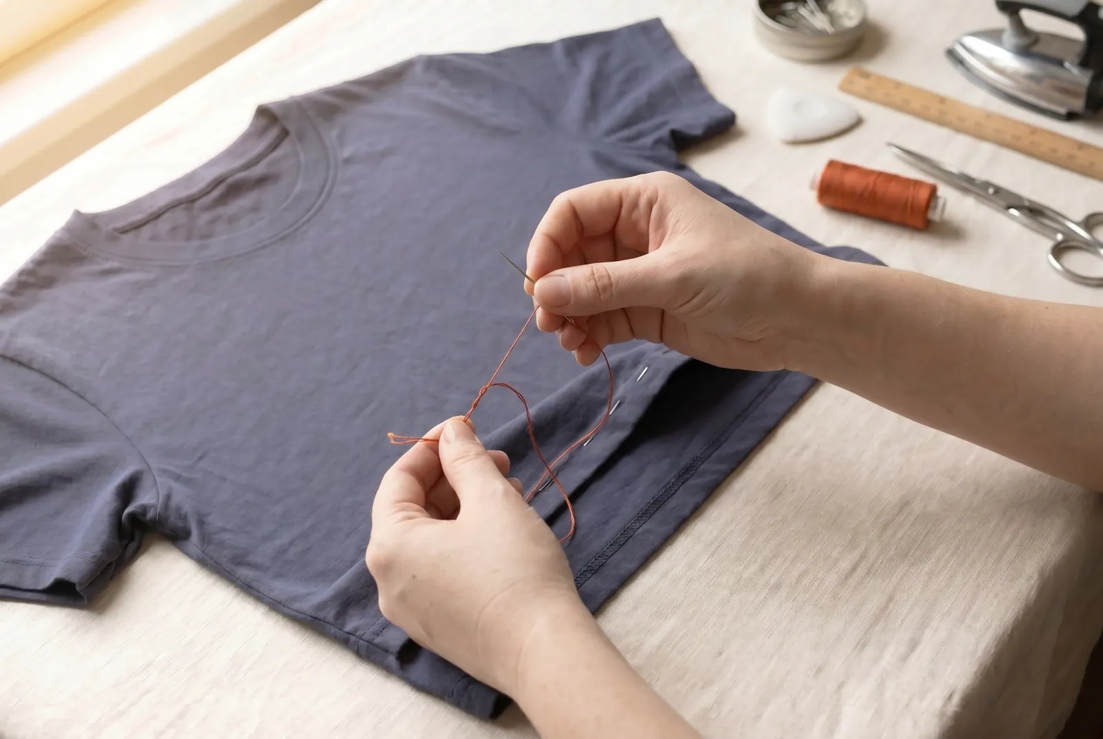 Photo: Thread the needle with cotton thread matched to the shirt and knot the end.