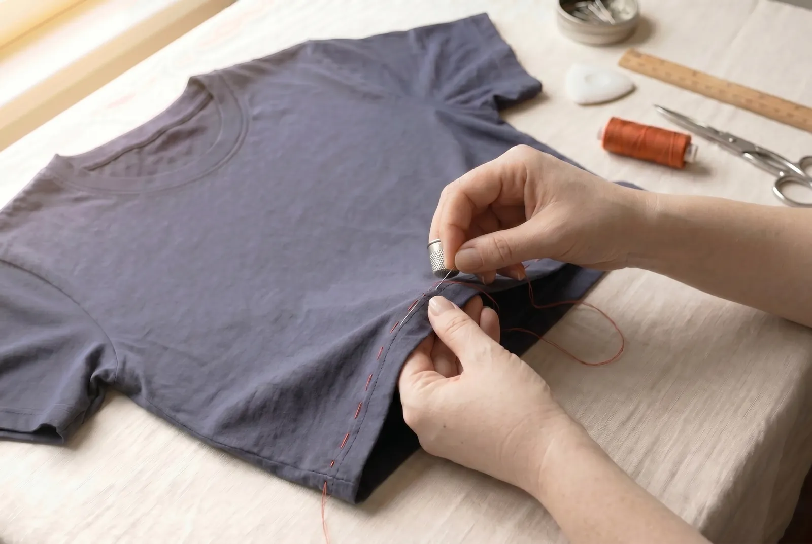 Photo: Hem the fold to the shirt by hand with small stitches that do not show through on the right side, working around the whole edge (the hemming stitch from the he…