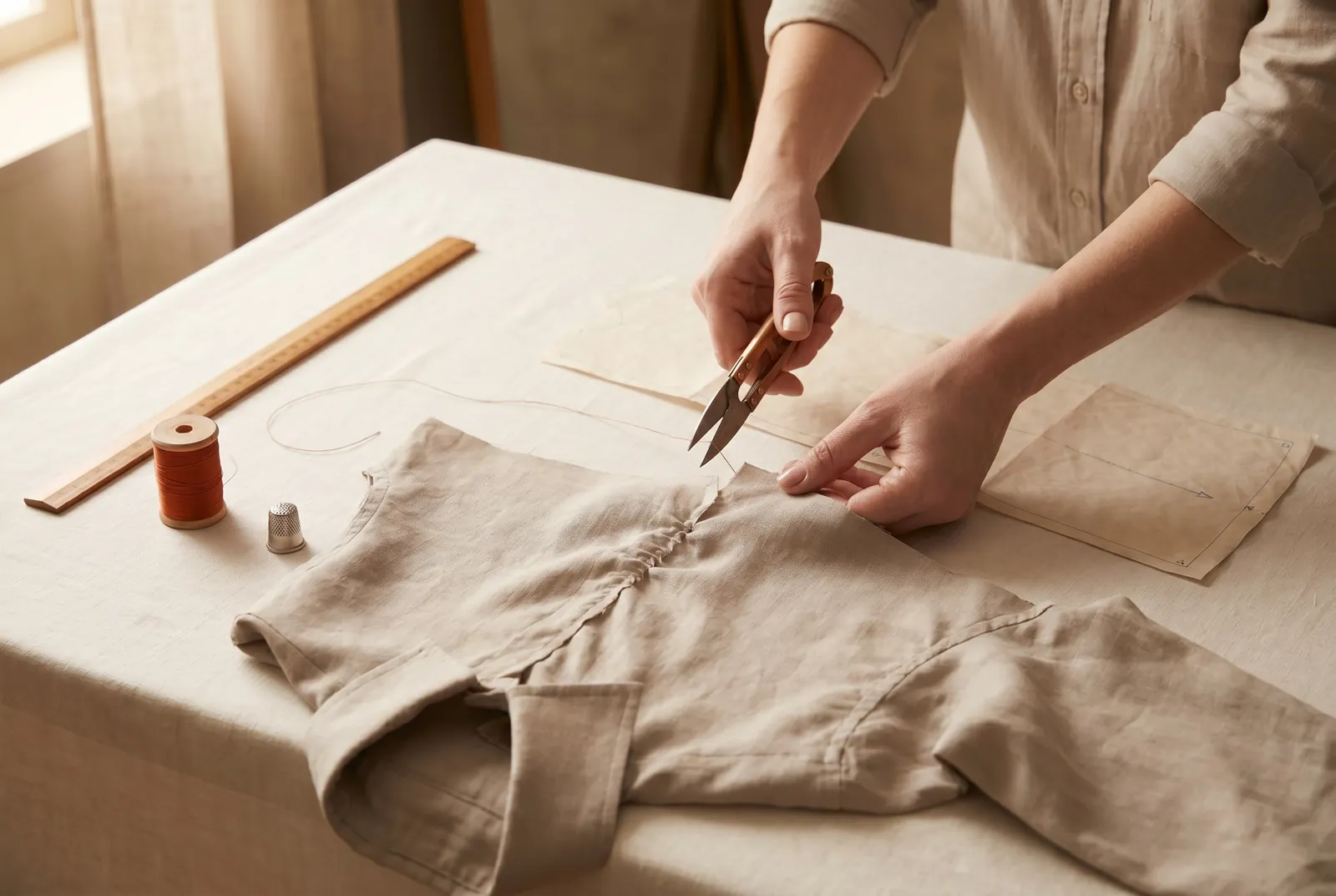 Photo: Straighten each cut edge before laying out: pick up one crosswise thread near the edge, draw it until it leaves a clear line across the cloth, and cut along th…