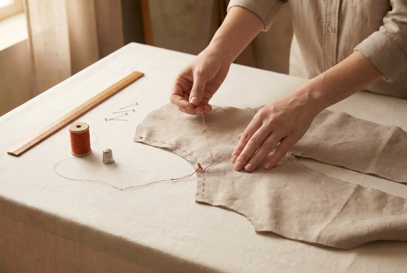 Photo: Pin the pieces right sides together, then baste them.