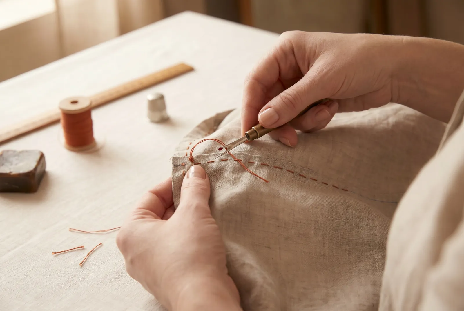 Photo: Once a seam is sewn, take out its basting: cut the basting thread at intervals of a few inches and draw out the short lengths.