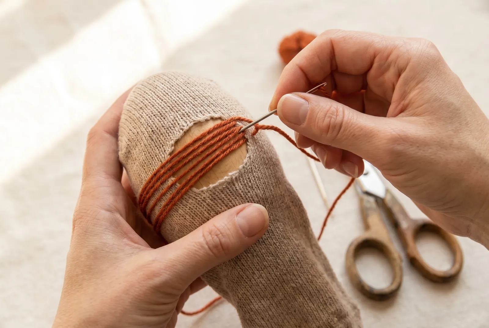 Photo: A sock darn is a small woven web of thread laid over the hole, and it must stretch in every direction the way the knitted sock does.