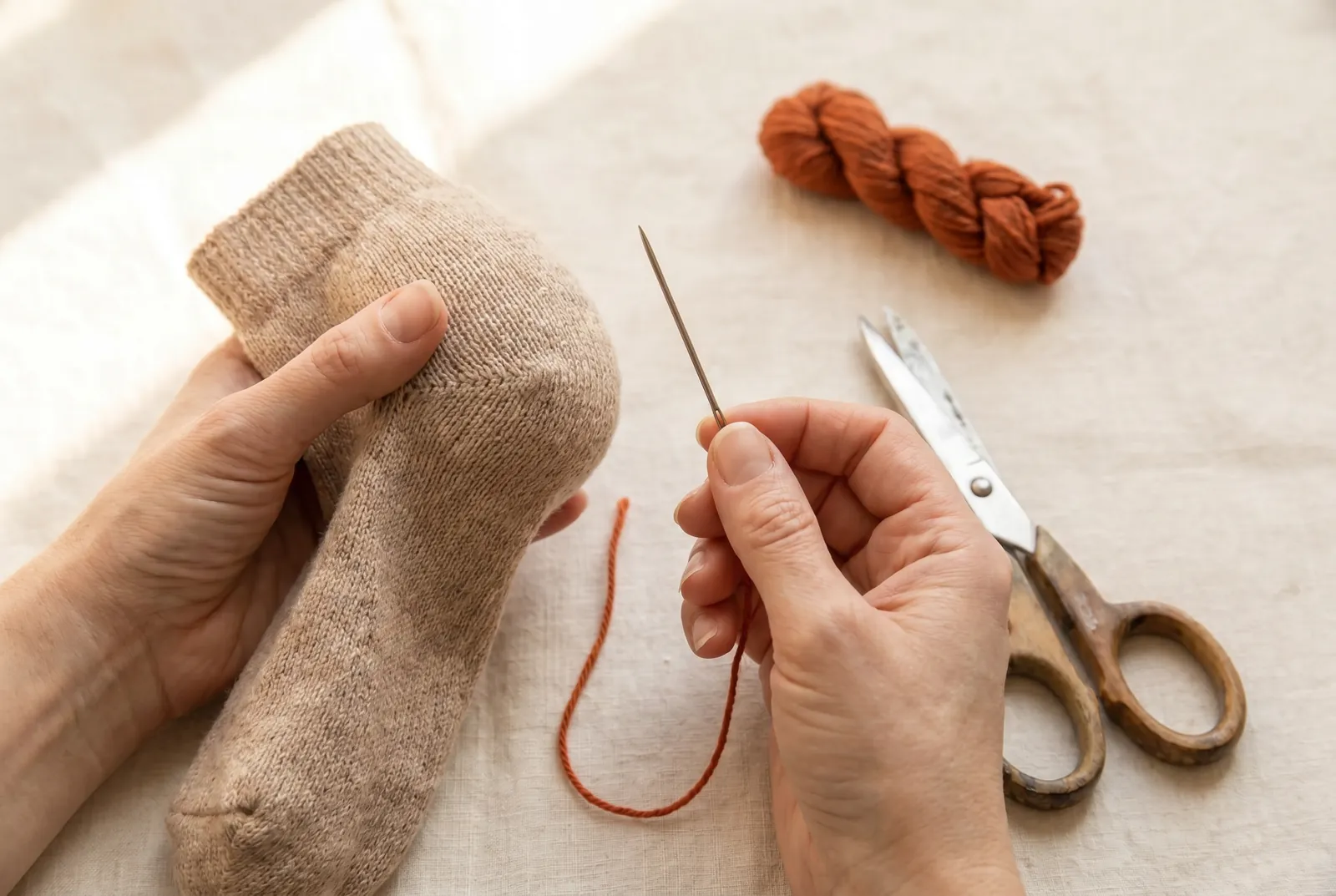 Photo: Choose darning cotton for a cotton sock, or soft wool yarn for a woolen one, splitting the yarn thinner if it is too thick, and match the sock's color.