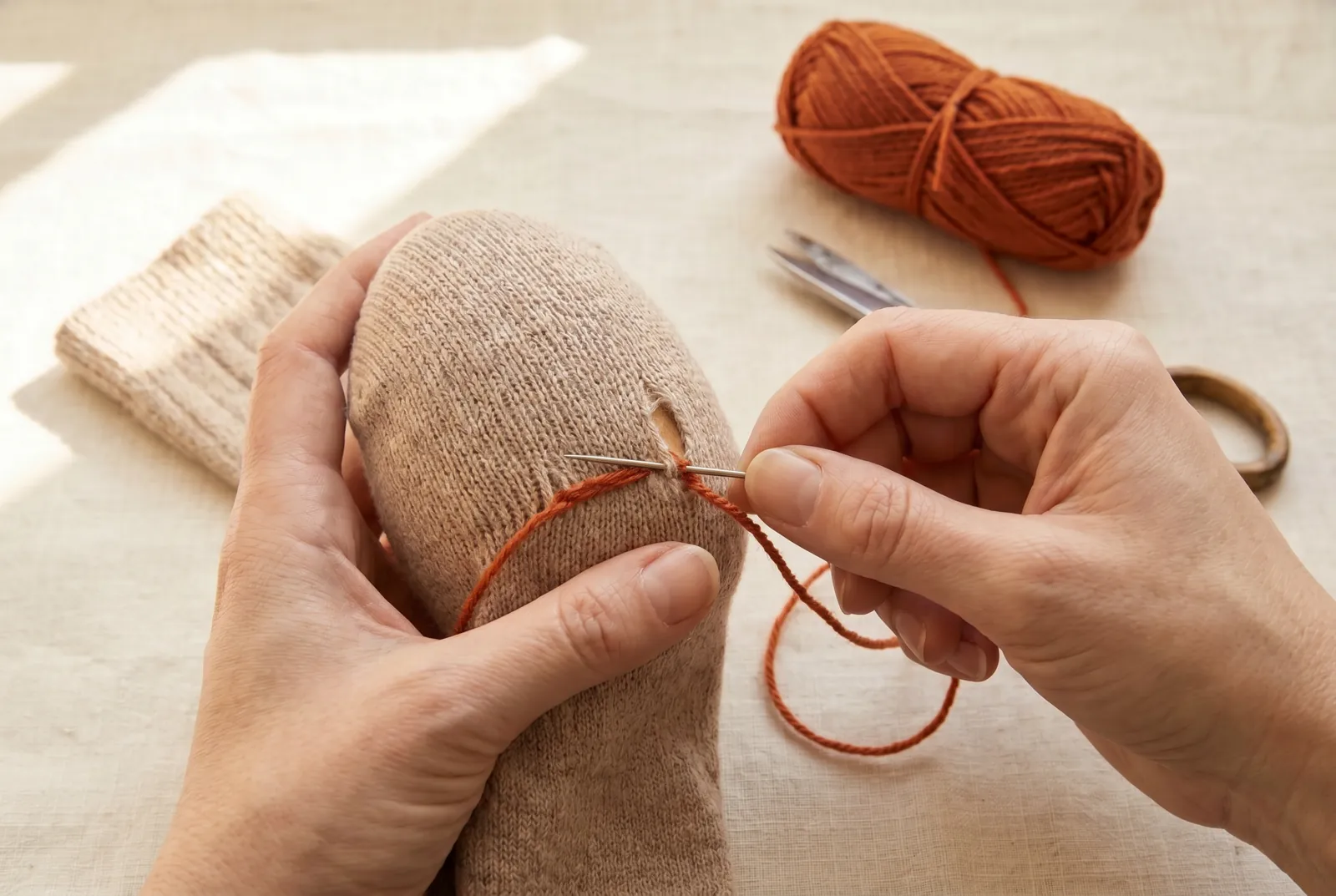 Photo: Lay the lengthwise threads first, running each one along the ribs of the sock — the fine lengthwise lines of the knit, running from cuff toward toe (on a smoot…