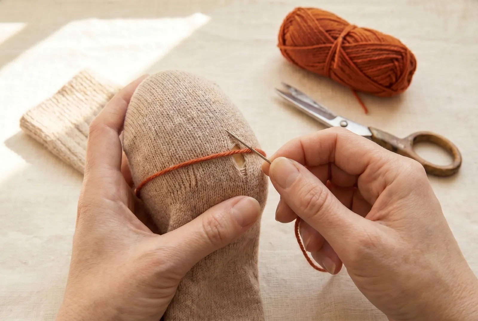 Photo: Carry the thread across the hole in one straight strand, then run the needle back into the sound knit the same quarter to half an inch (6 to 13 mm) on the far…