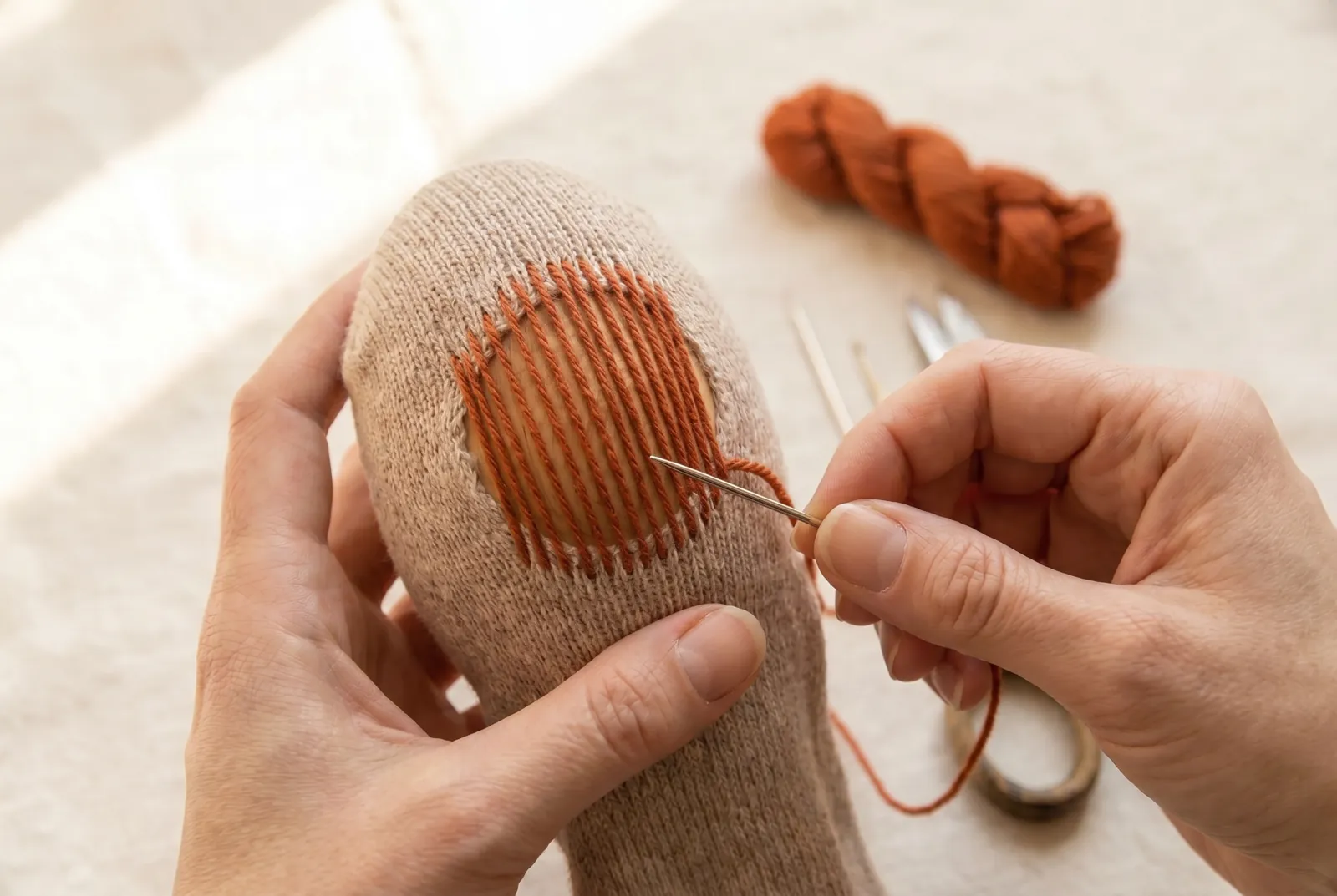 Photo: You now have the lengthwise foundation: stretchy parallel strands spanning the hole and anchored in sound knit on every side.